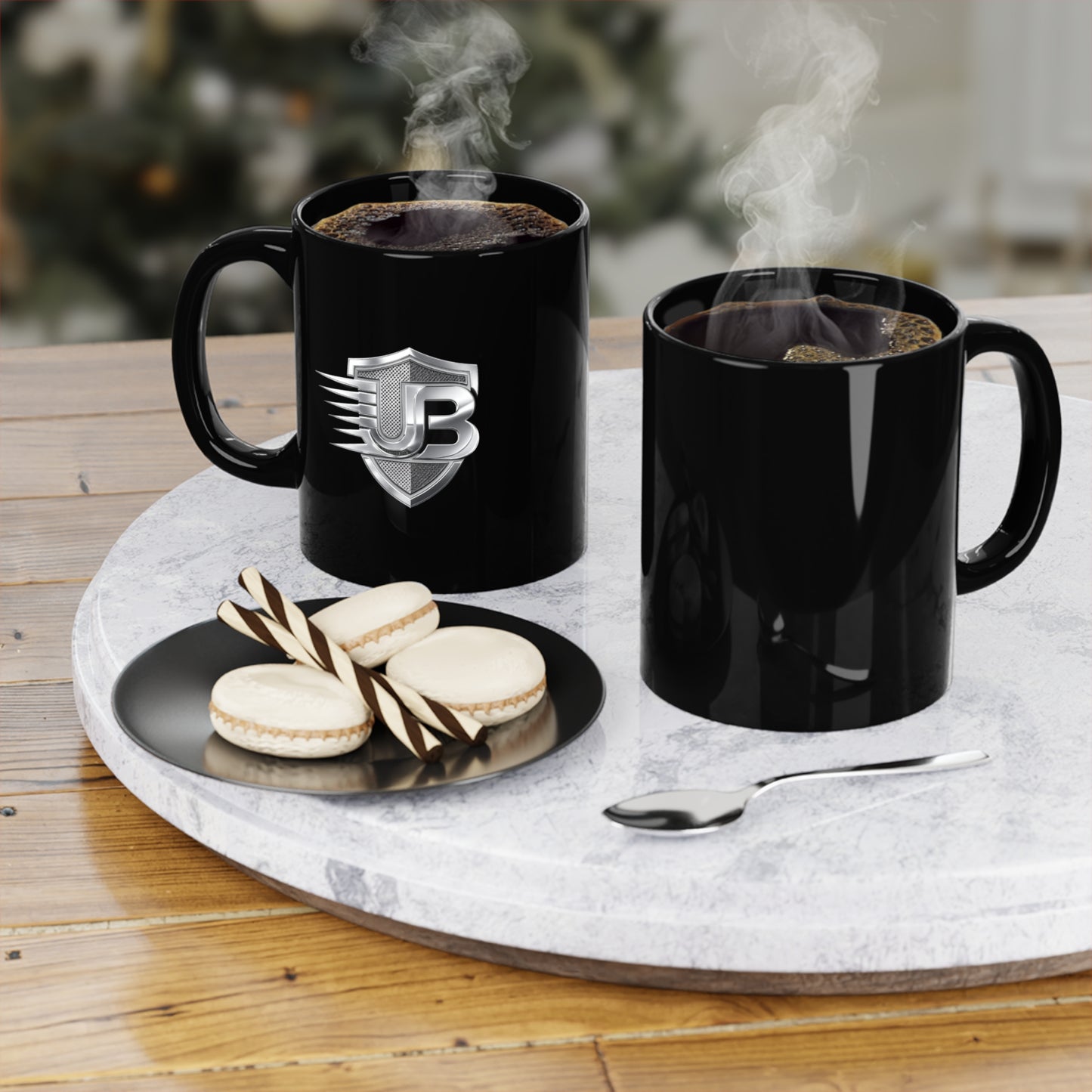Black 11oz Coffee Mug with Metallic JB Shield Logo — Gift for Car Enthusiasts