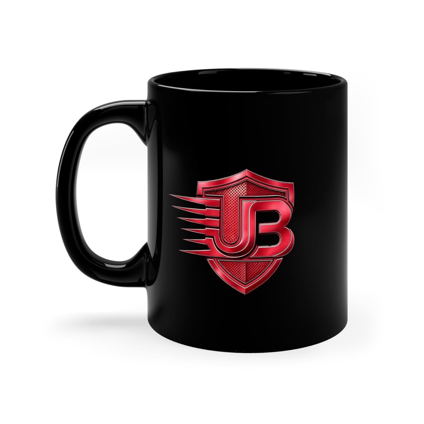 Red JB Shield Logo Coffee Mug — 11oz Black Ceramic