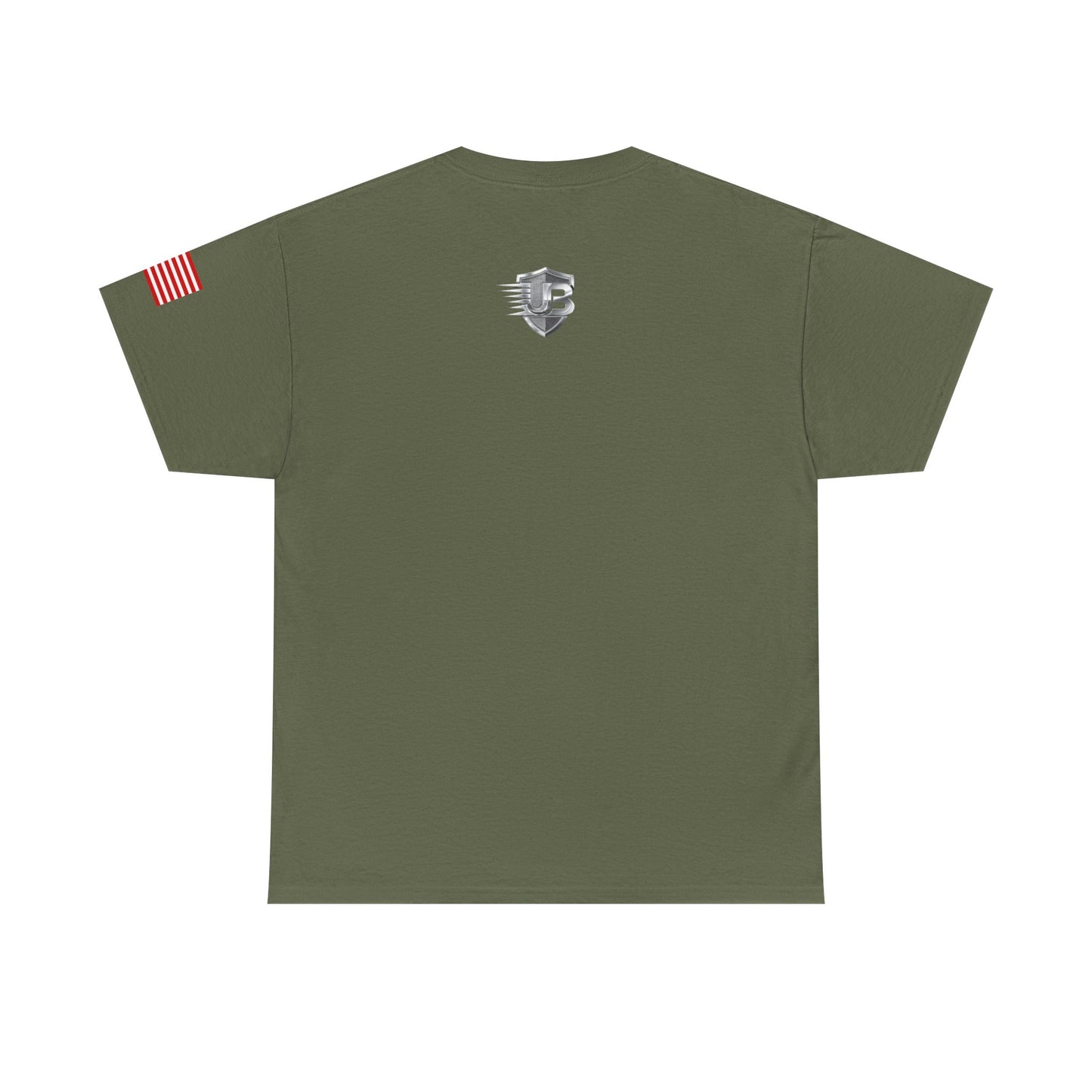 United States Military Emblem Tee — Olive Green Flag Sleeve Patriotic T‑Shirt