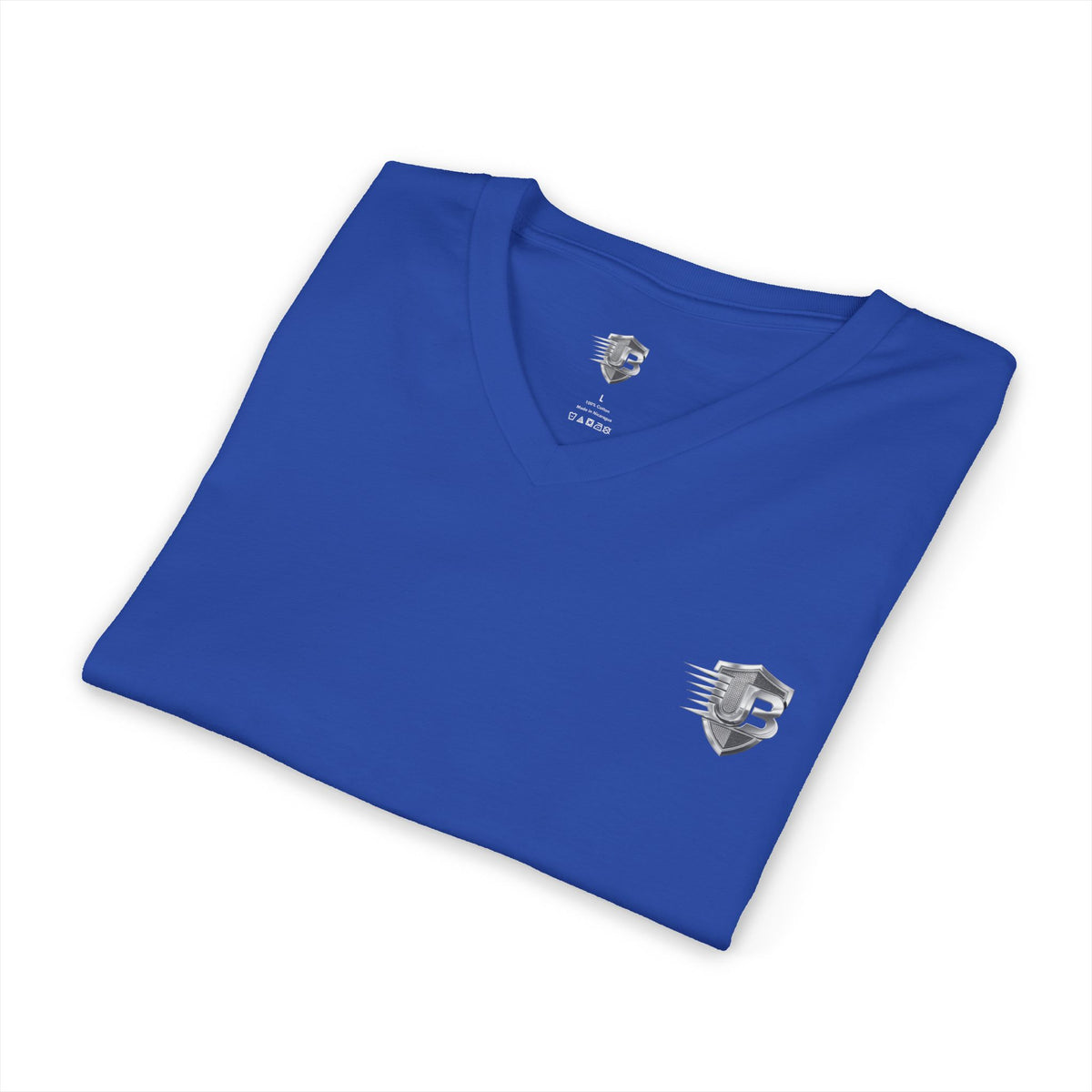 V-Neck T-Shirt — Subtle Chest Crest & QR Back Design
