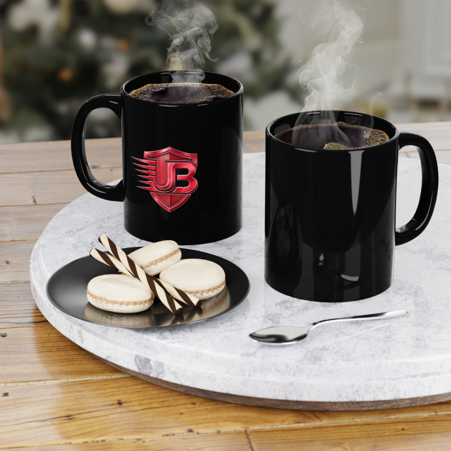 Red JB Shield Logo Coffee Mug — 11oz Black Ceramic