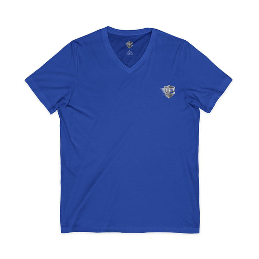 V-Neck T-Shirt — Subtle Chest Crest & QR Back Design