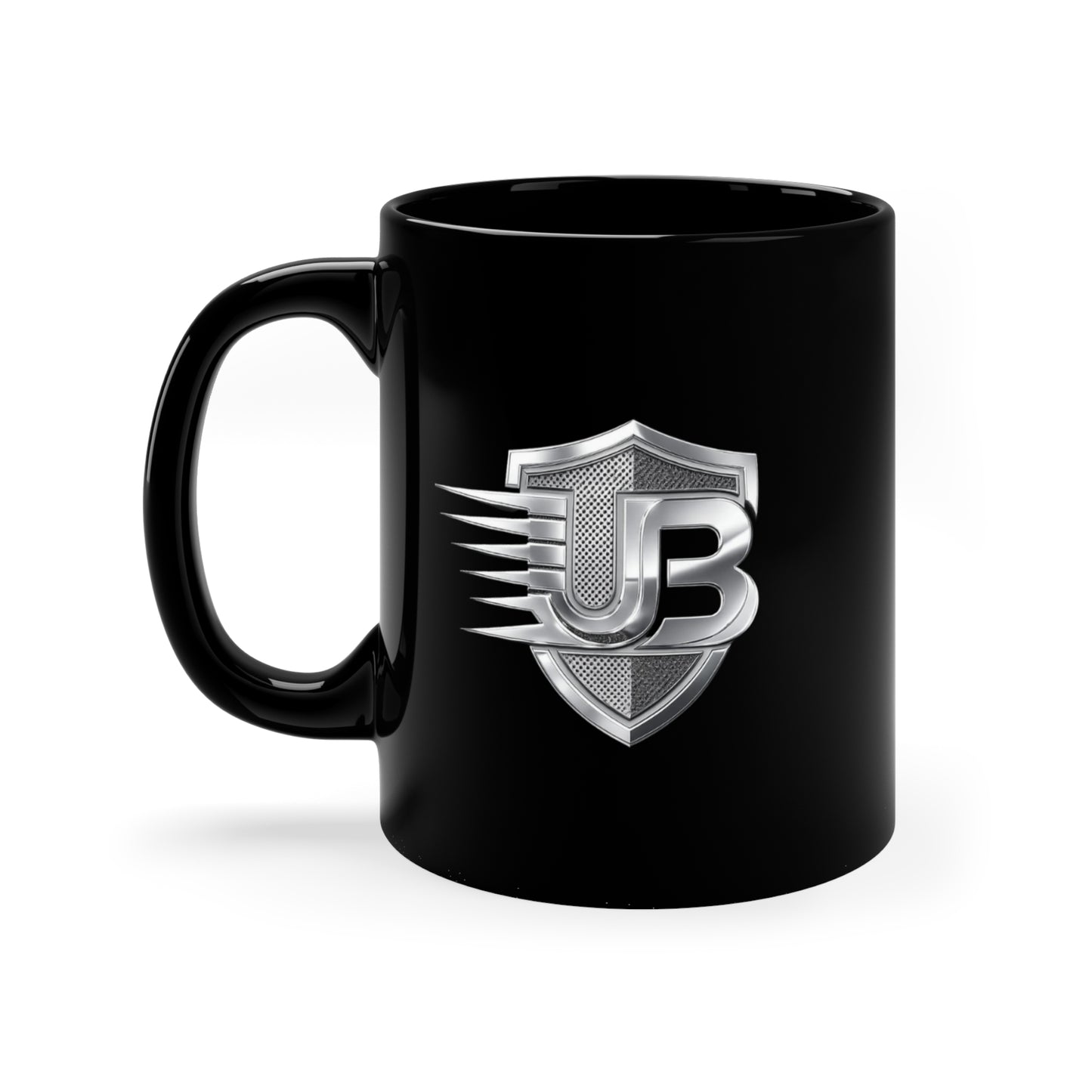 Black 11oz Coffee Mug with Metallic JB Shield Logo — Gift for Car Enthusiasts