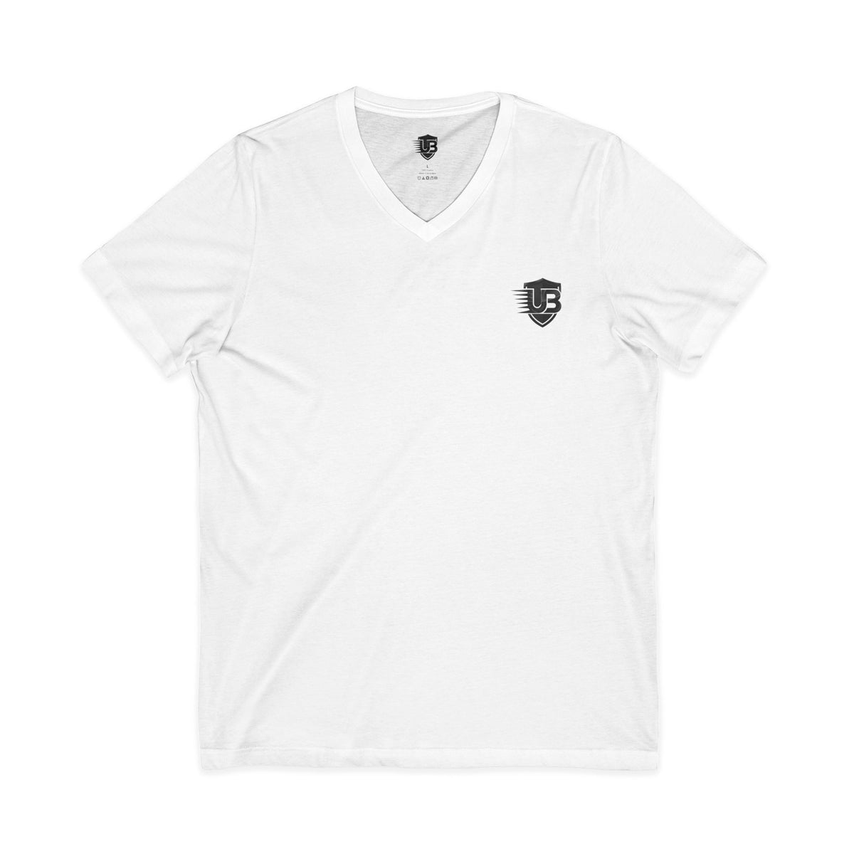 Ultimate Body V‑Neck Tee — Small Shield Logo Front, QR "Ultimate Body" Back