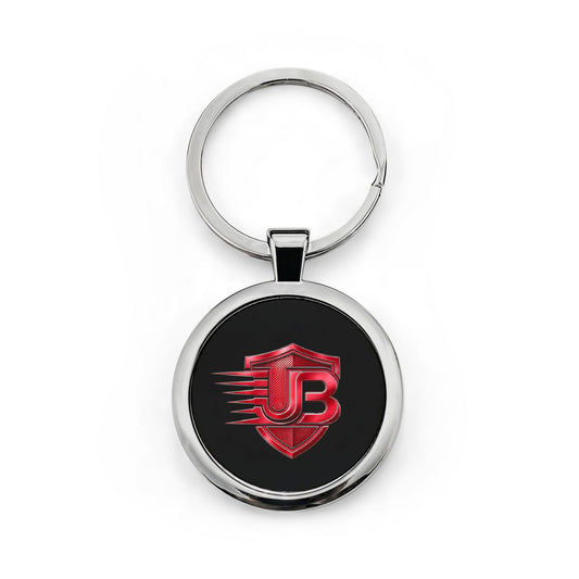Round Stainless Steel Keychain — Red Shield 'JB' Logo Keyring