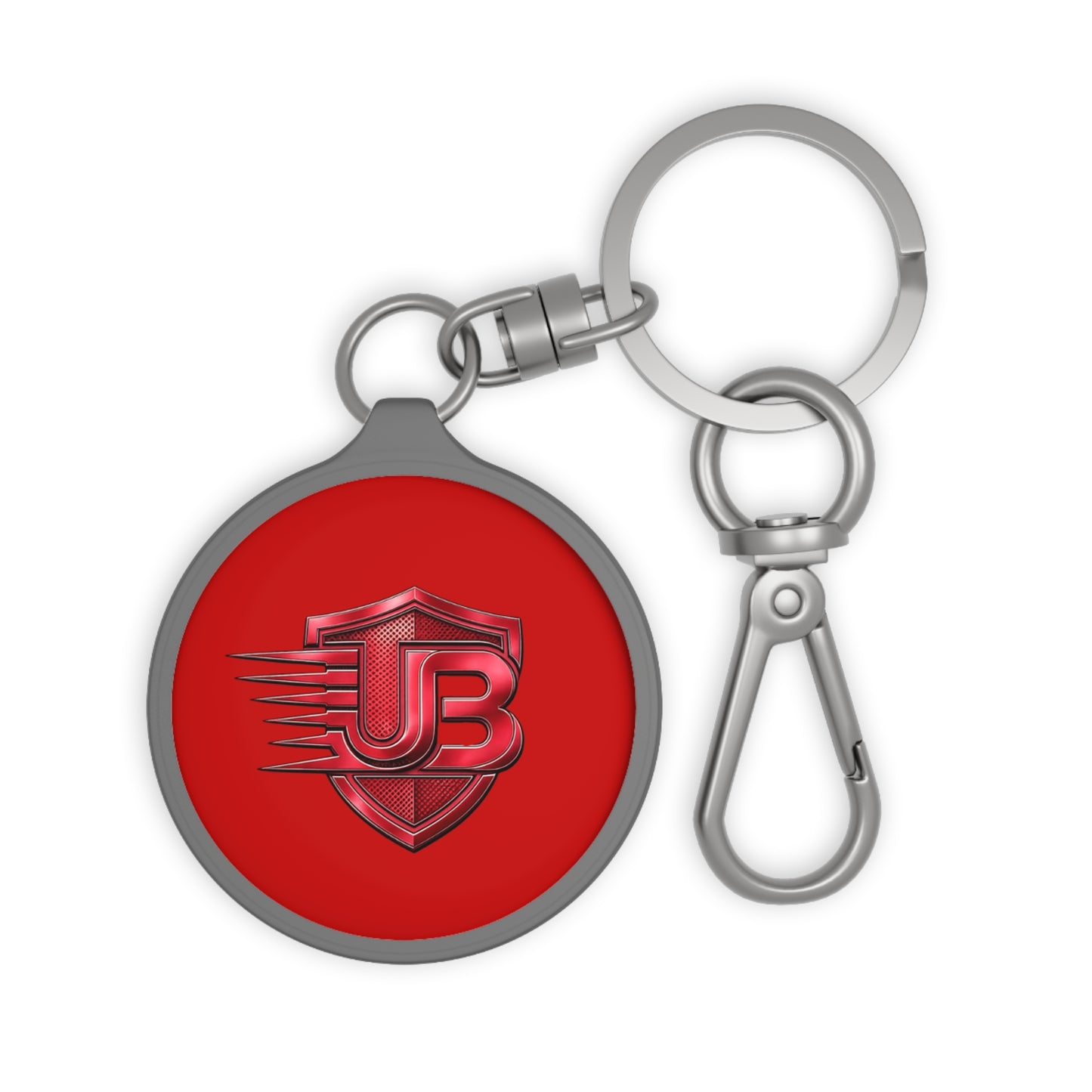 Shielded JB Logo Keyring Tag — Red Metal Keychain with JB Emblem