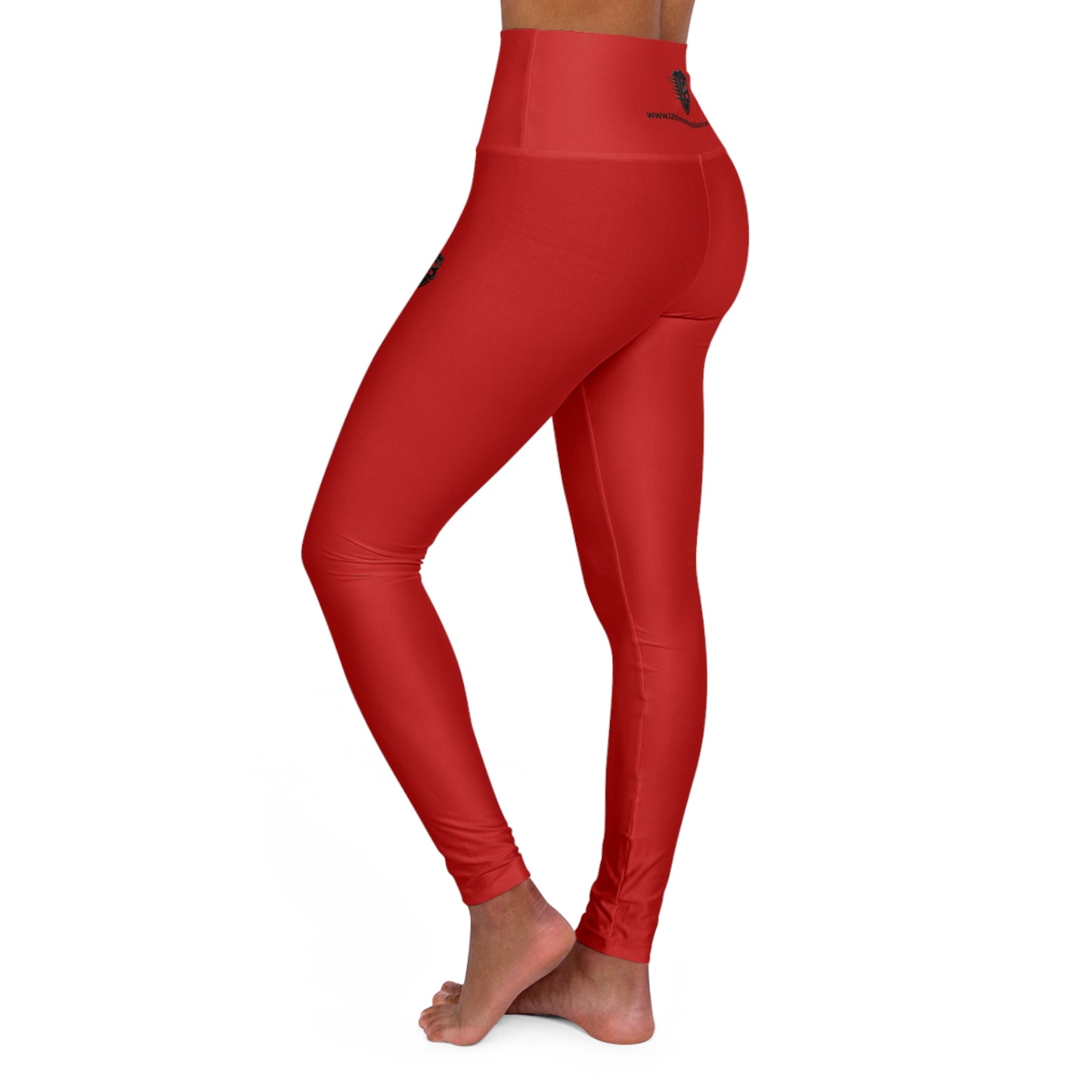 Red High-Waisted Yoga Leggings with Subtle Logo — Workout & Athleisure