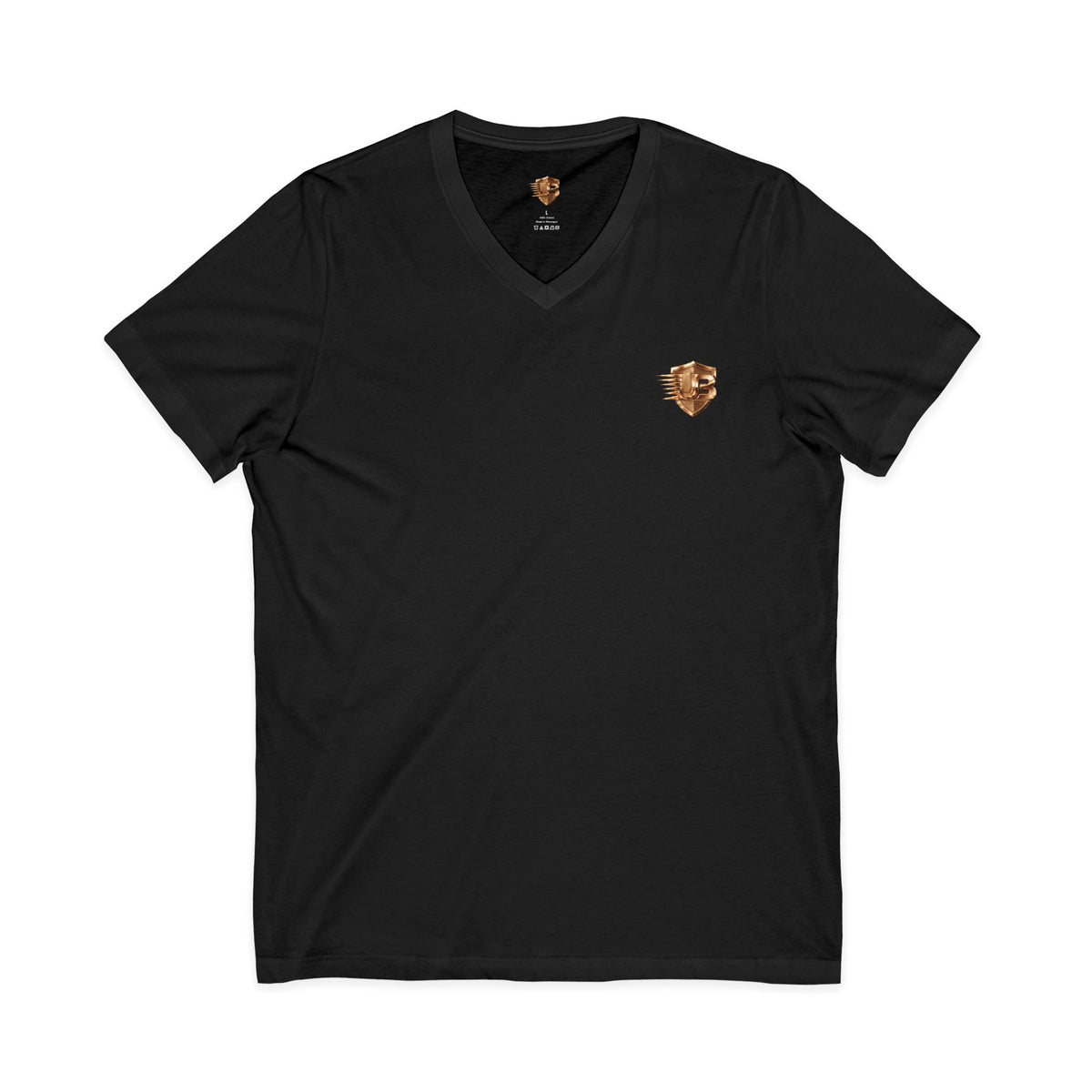 V-Neck Tee — Small Gold Lion Crest & 'Ultimate Body' Back QR Accent