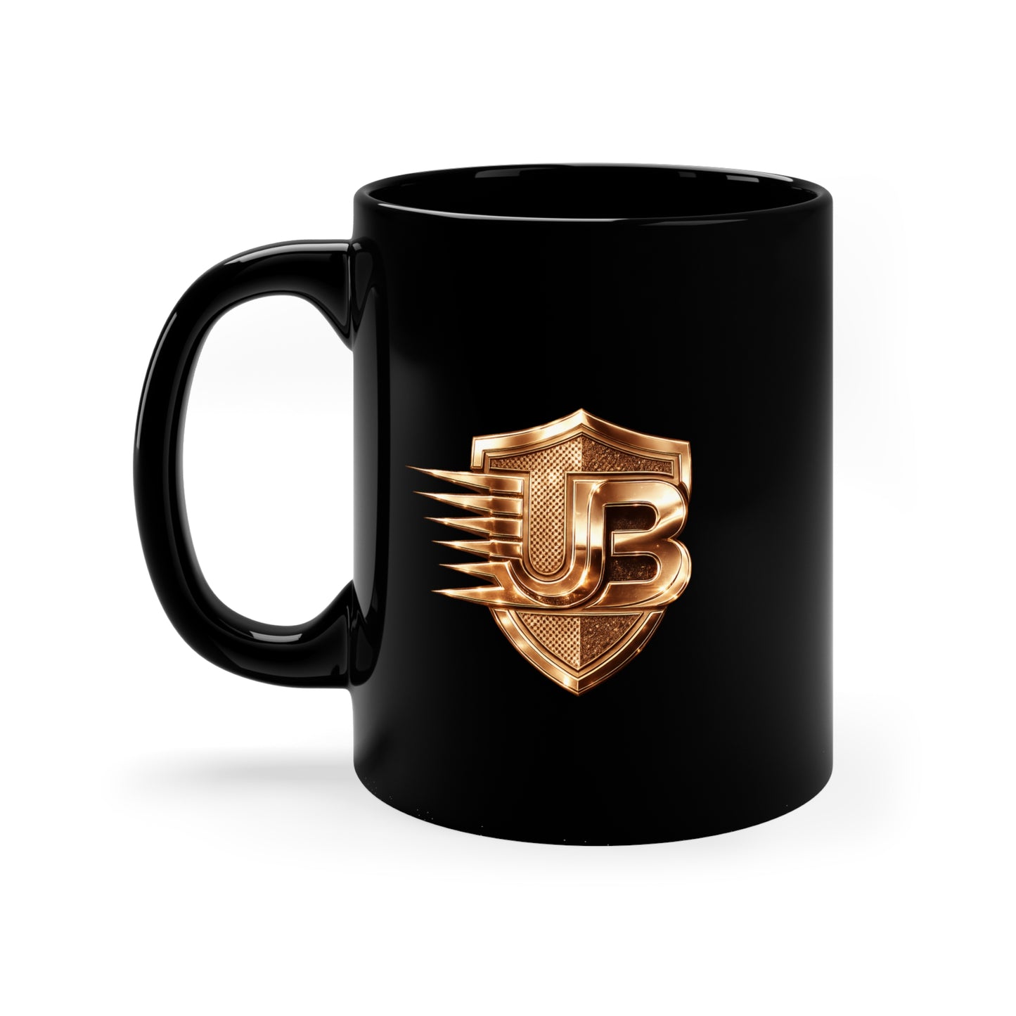 Gold Shield Logo Black Coffee Mug – 11oz Branded Emblem Ceramic Cup