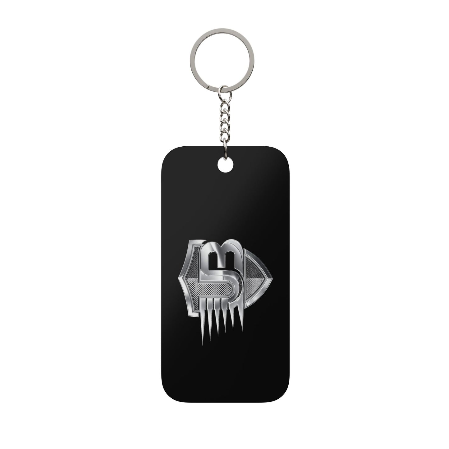 Metallic Shield Keychain Charm — Double-Sided Black Keyring with Chrome Emblem