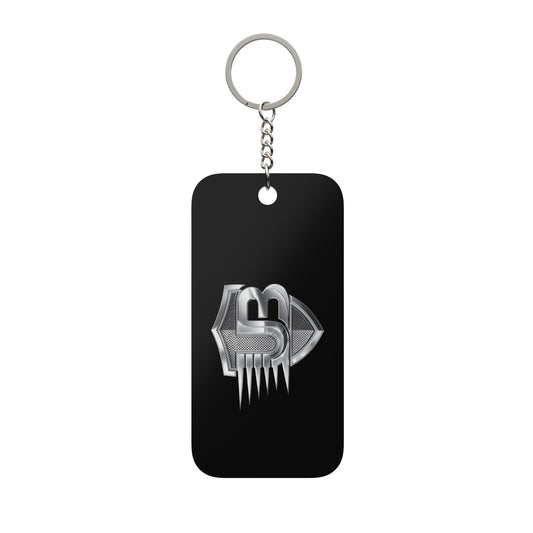Metallic Shield Keychain Charm — Double-Sided Black Keyring with Chrome Emblem