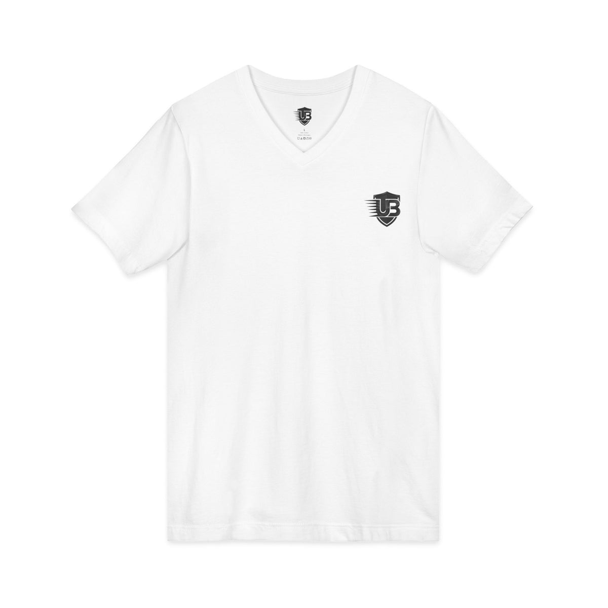 Ultimate Body V‑Neck Tee — Small Shield Logo Front, QR "Ultimate Body" Back