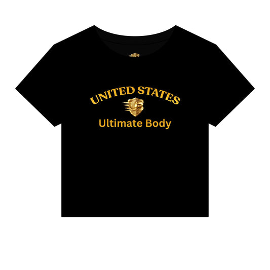 United States Ultimate Body Women's Crop Tee — Gold Foil Fitness Graphic