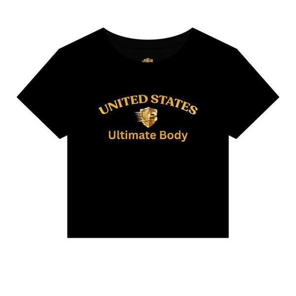 United States Ultimate Body Women's Crop Tee — Gold Foil Fitness Graphic