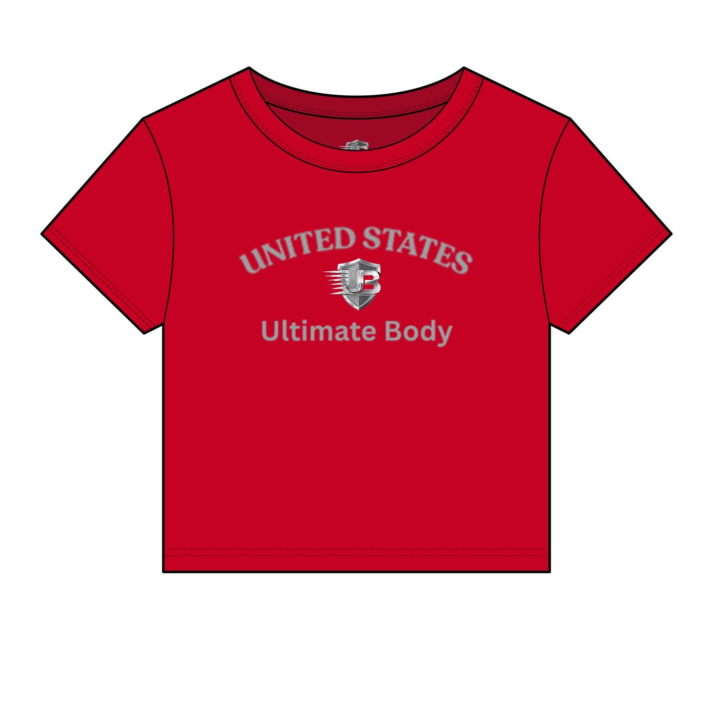 United States Ultimate Body Women's Crop Tee — Red Micro Rib Baby Tee with Chest Logo & Back QR
