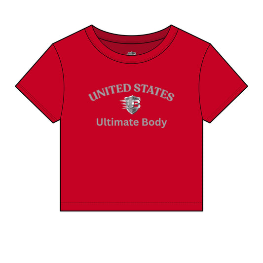 United States Ultimate Body Women's Crop Tee — Red Micro Rib Baby Tee with Chest Logo & Back QR
