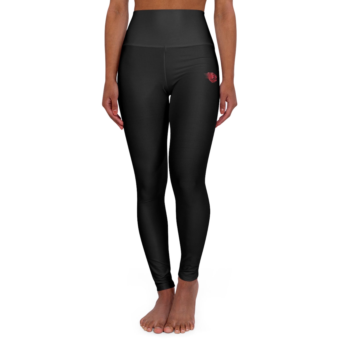 High-Waist Yoga Leggings with Small Red Logo — Black AOP Activewear