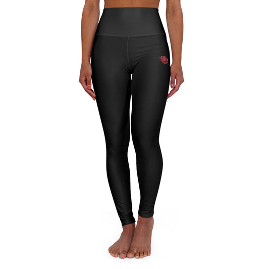 High-Waist Yoga Leggings with Small Red Logo — Black AOP Activewear