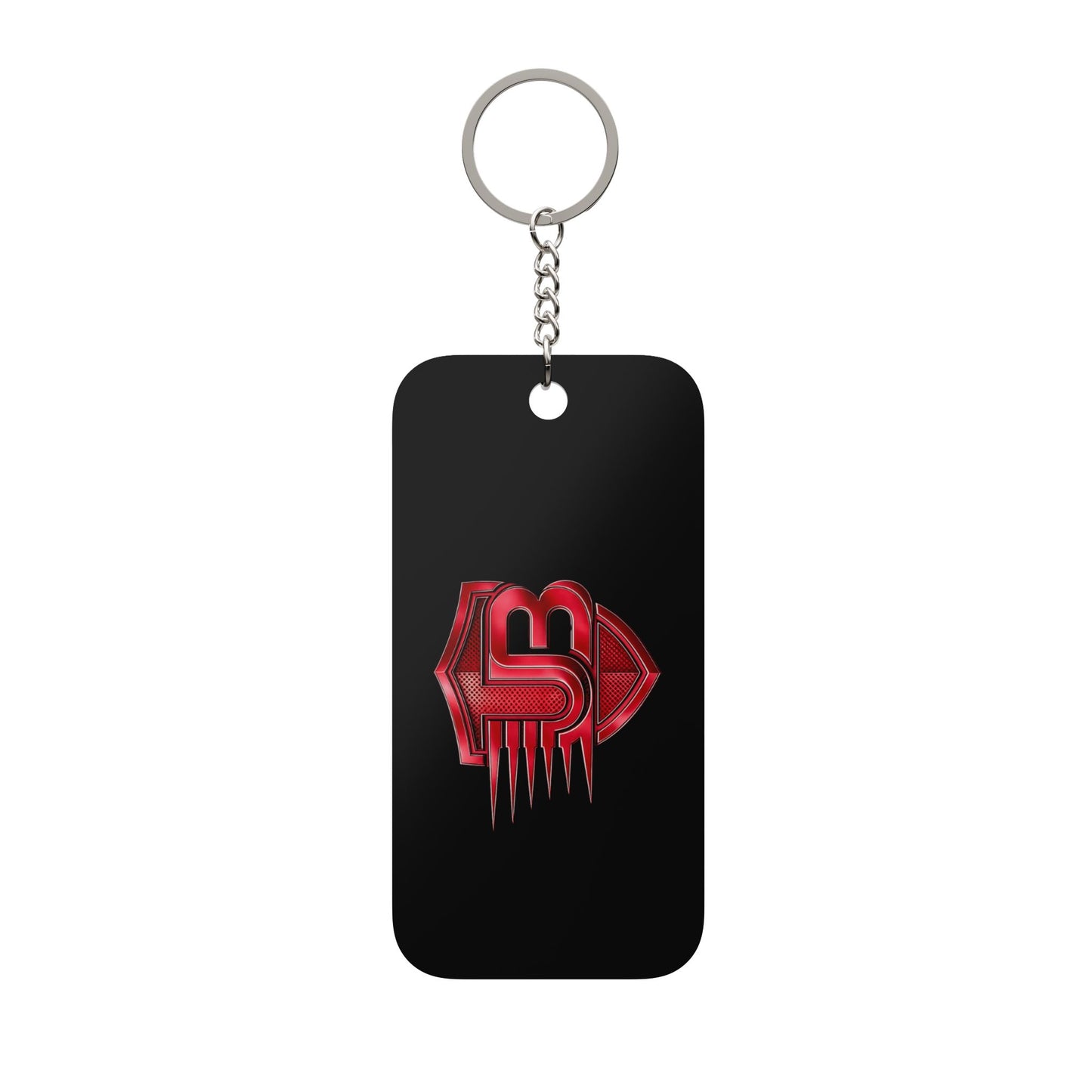 Metallic Red Logo Keychain — Double-Sided Black Keyring Charm
