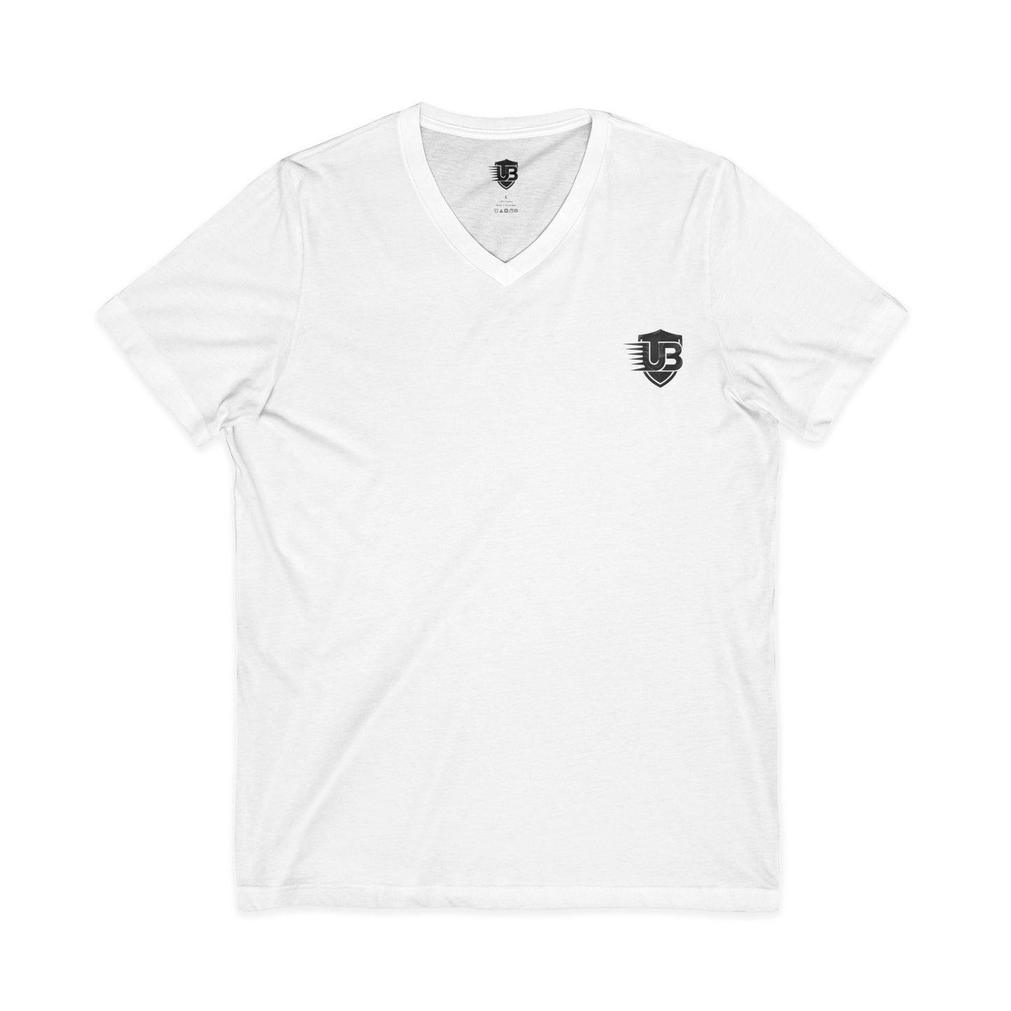 Ultimate Body V‑Neck Tee — Small Shield Logo Front, QR "Ultimate Body" Back