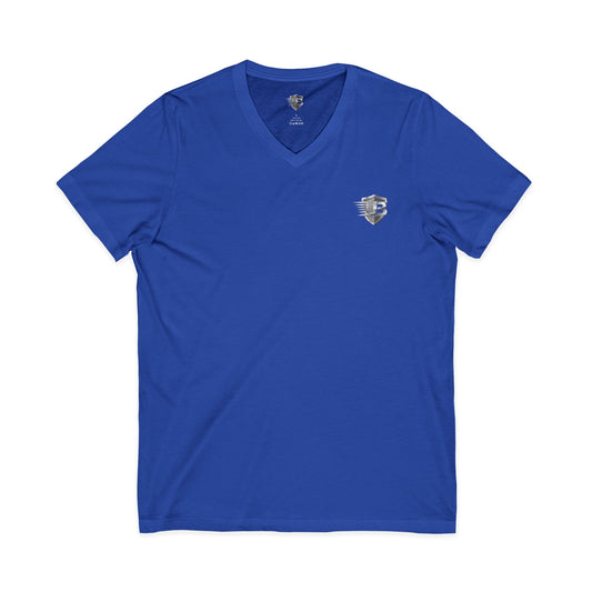 V-Neck T-Shirt — Subtle Chest Crest & QR Back Design