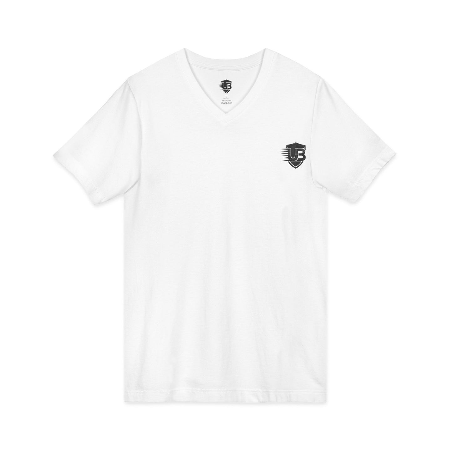 Ultimate Body V‑Neck Tee — Small Shield Logo Front, QR "Ultimate Body" Back