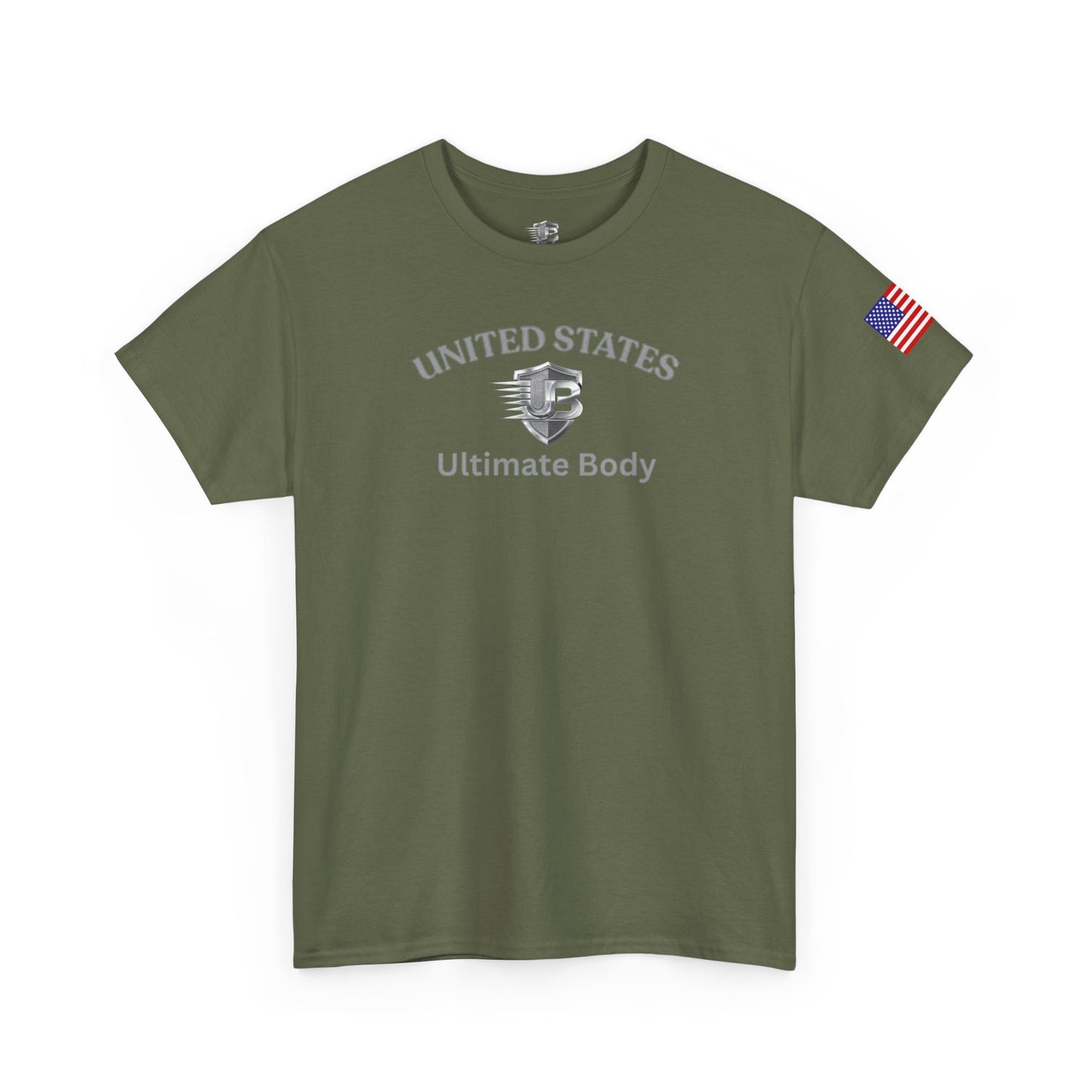 United States Military Emblem Tee — Olive Green Flag Sleeve Patriotic T‑Shirt