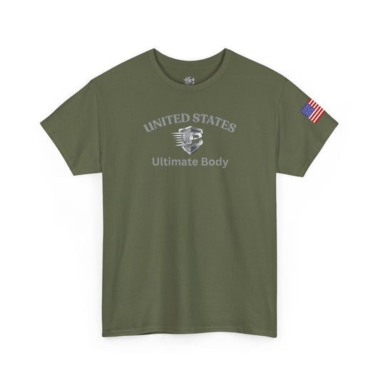 United States Military Emblem Tee — Olive Green Flag Sleeve Patriotic T‑Shirt