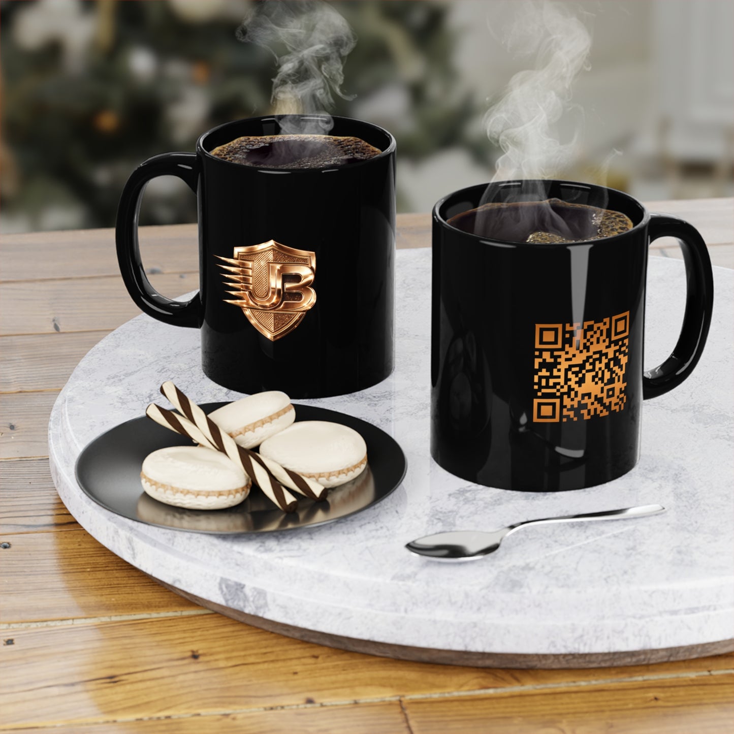 Gold Shield Logo Black Coffee Mug – 11oz Branded Emblem Ceramic Cup