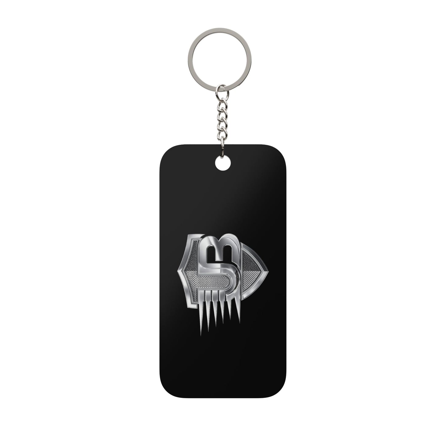 Metallic Shield Keychain Charm — Double-Sided Black Keyring with Chrome Emblem