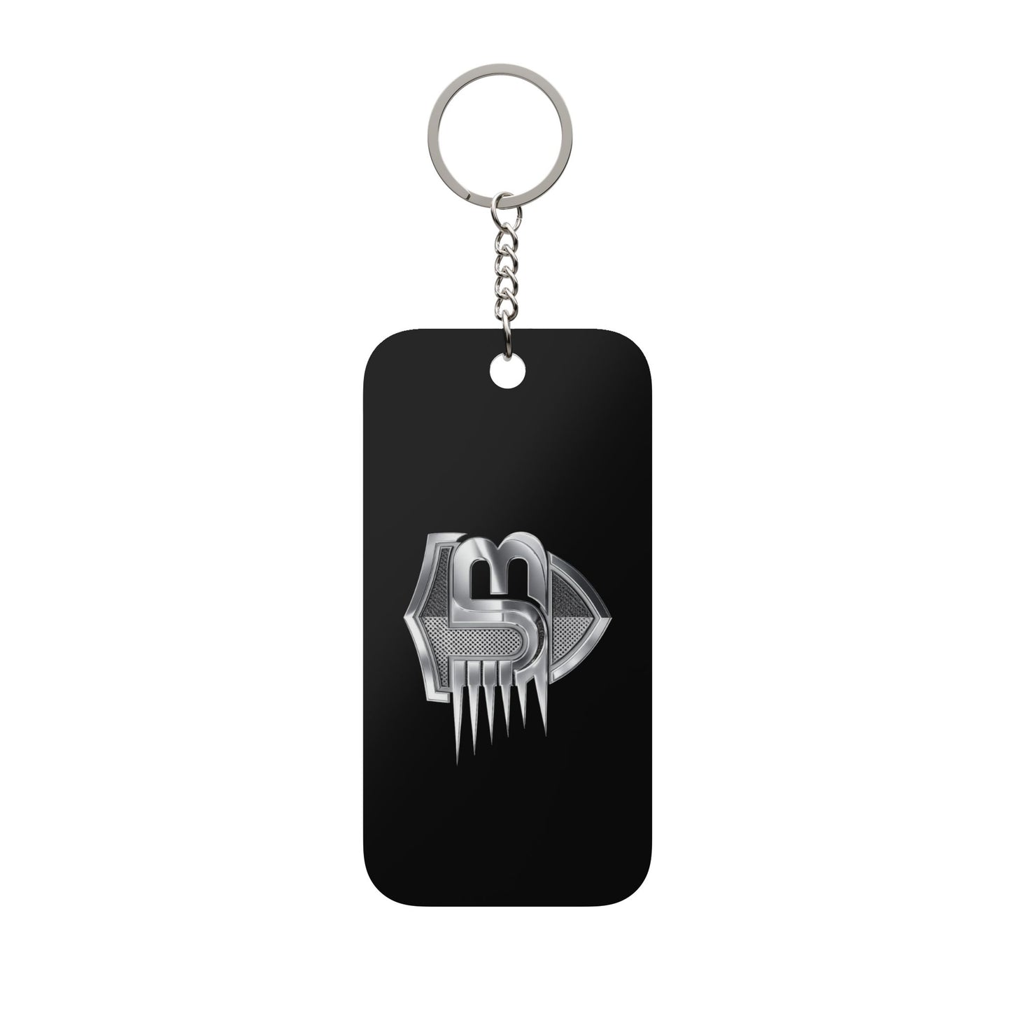 Metallic Shield Keychain Charm — Double-Sided Black Keyring with Chrome Emblem