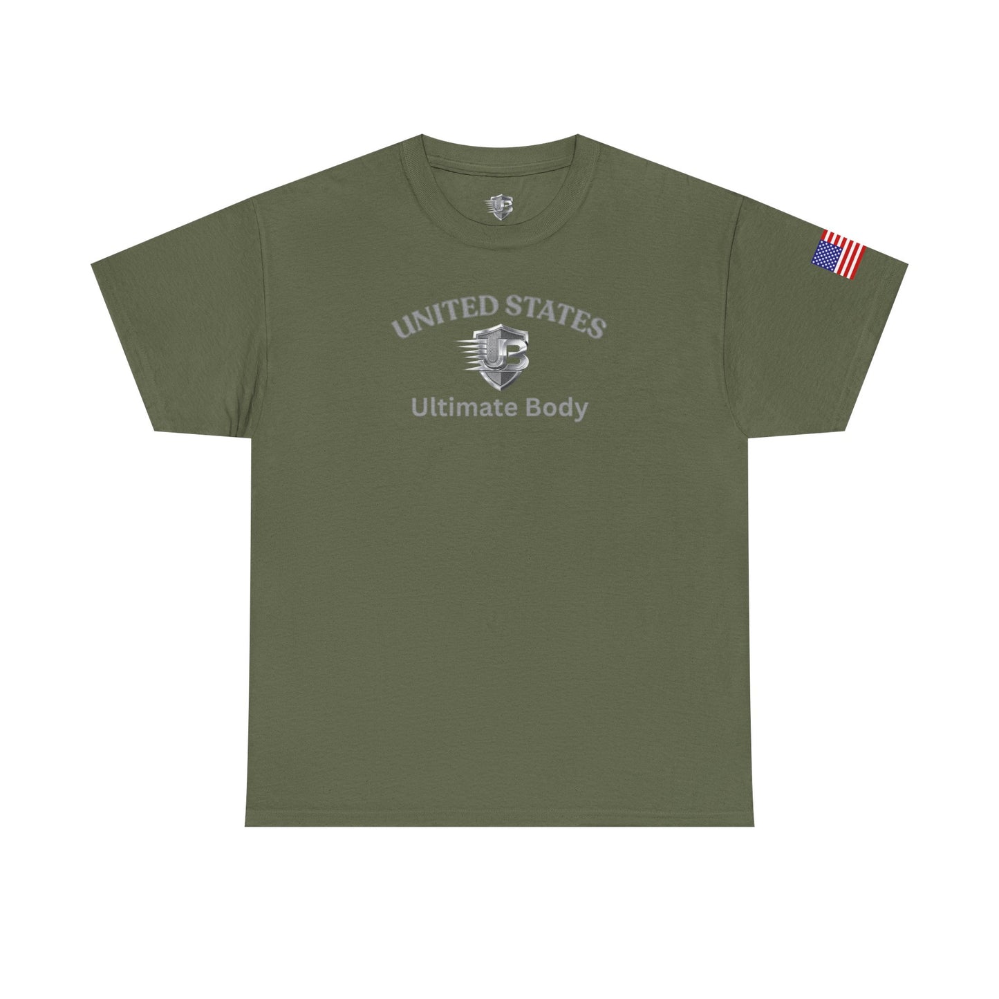 United States Military Emblem Tee — Olive Green Flag Sleeve Patriotic T‑Shirt