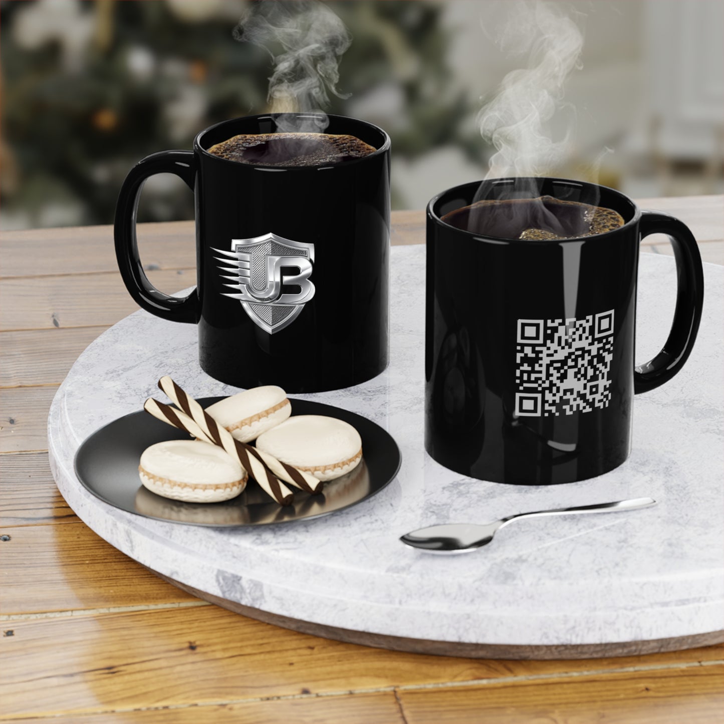 Black 11oz Coffee Mug with Metallic JB Shield Logo — Gift for Car Enthusiasts