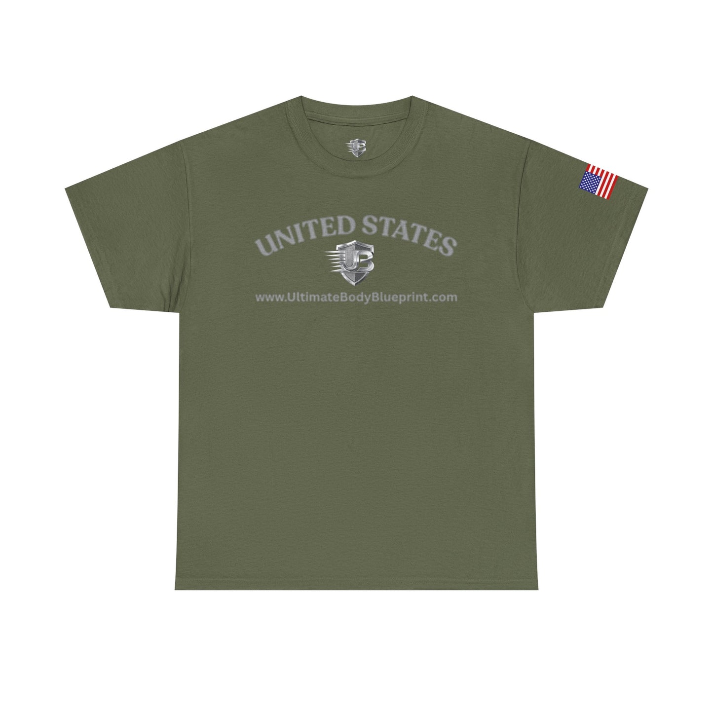 United States Military Emblem Tee — Olive Green Flag Sleeve Patriotic T‑Shirt