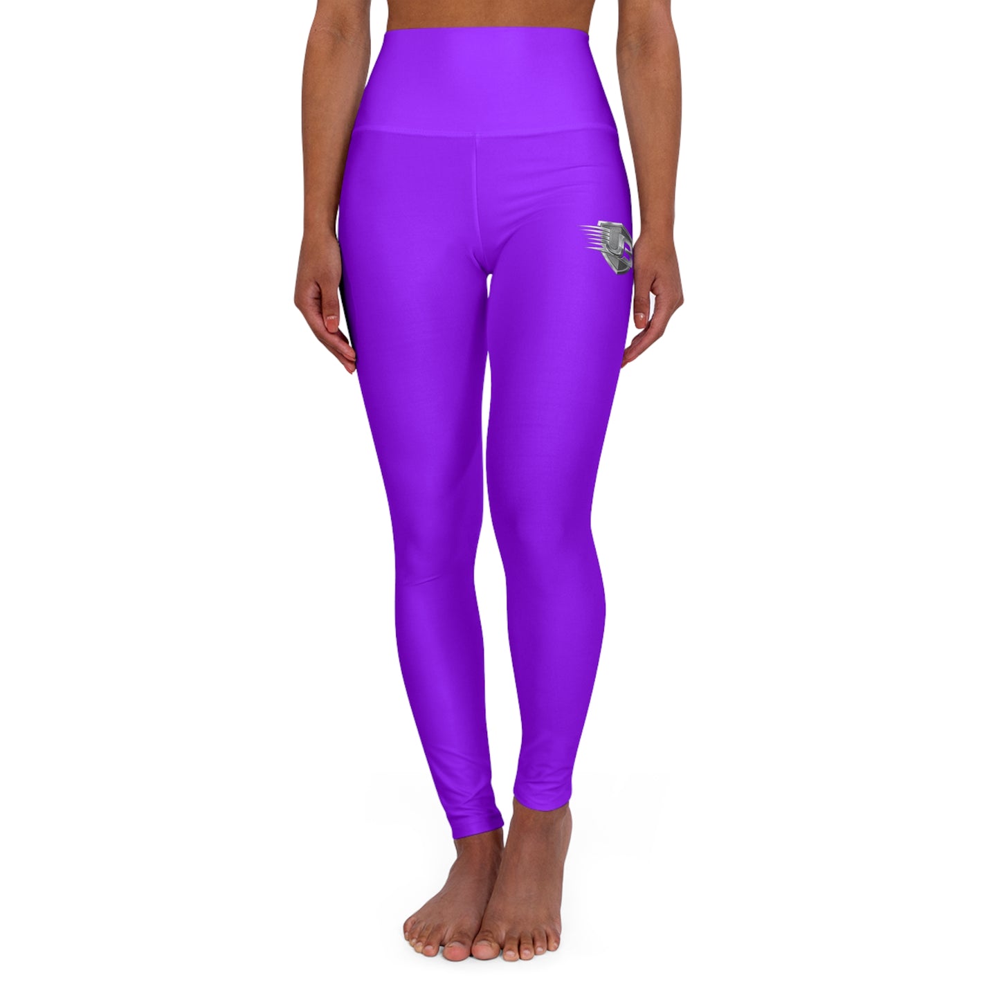 High-Waist Purple Yoga Leggings with Subtle Logo — Seamless AOP Activewear