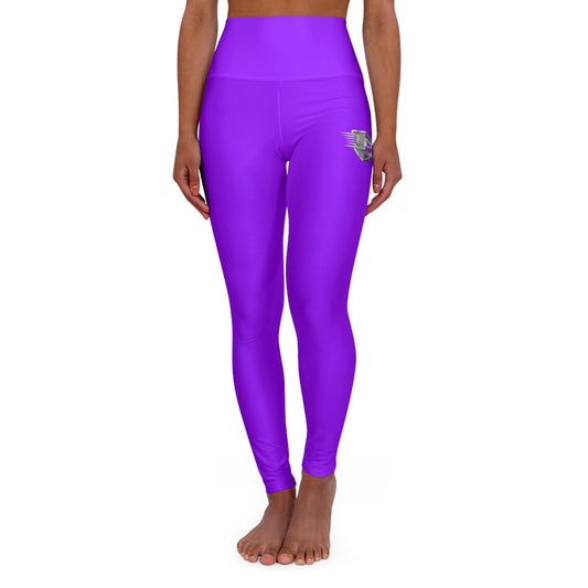 High-Waist Purple Yoga Leggings with Subtle Logo — Seamless AOP Activewear