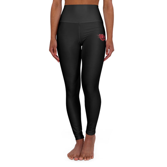 High-Waist Yoga Leggings with Small Red Logo — Black AOP Activewear