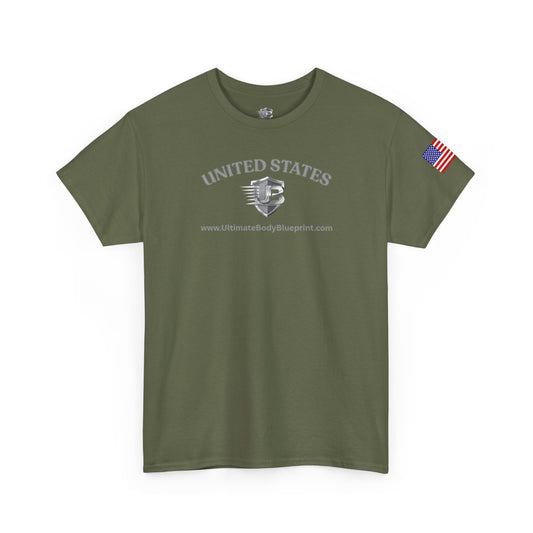United States Military Emblem Tee — Olive Green Flag Sleeve Patriotic T‑Shirt