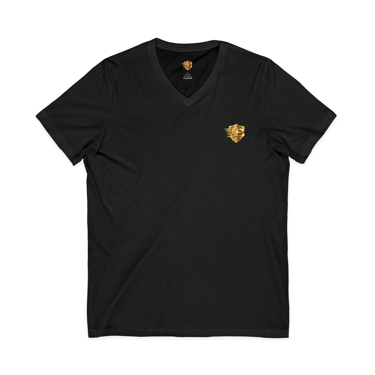 V-Neck Tee — Gold Shield Logo & “Ultimate Body” Back QR Accent