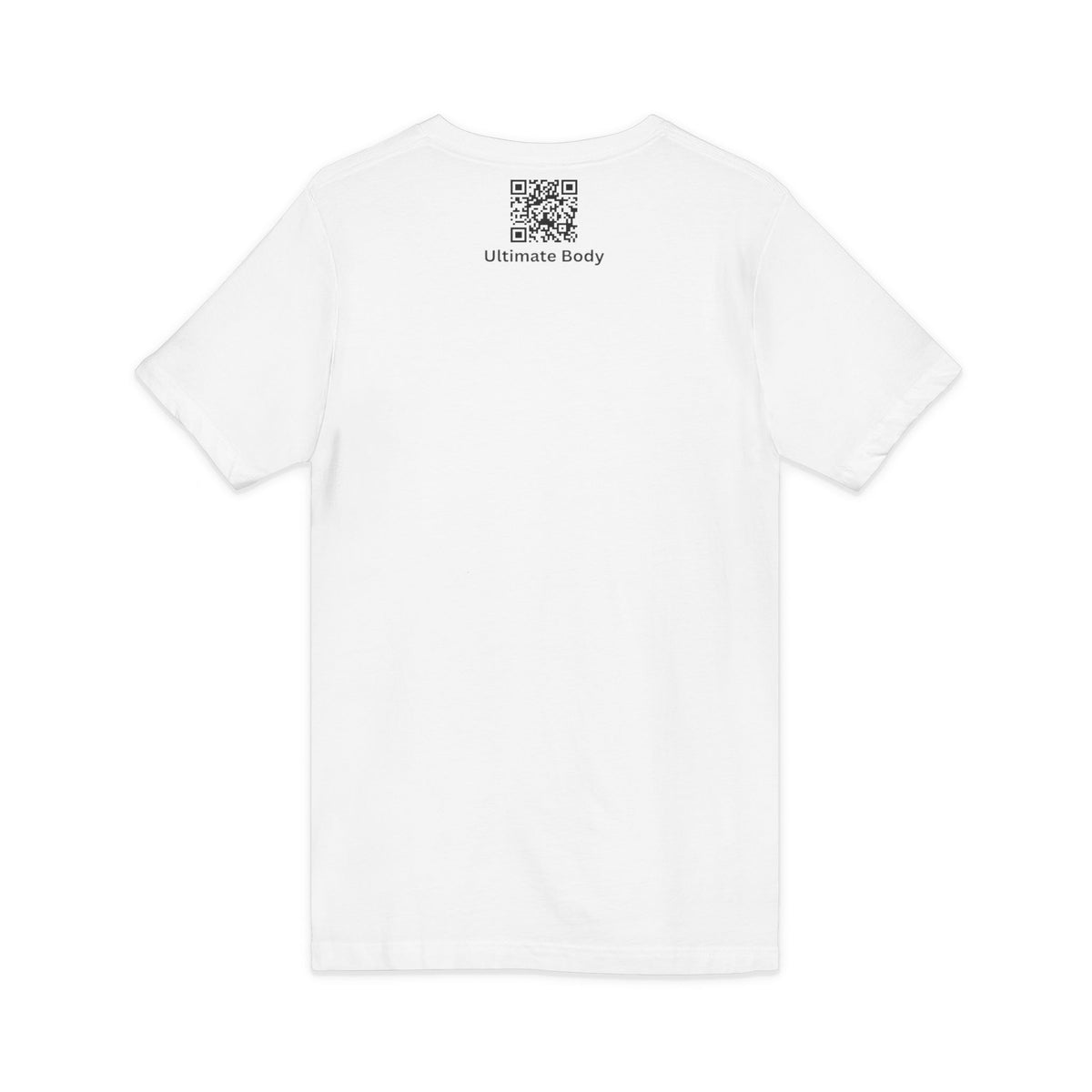 Ultimate Body V‑Neck Tee — Small Shield Logo Front, QR "Ultimate Body" Back