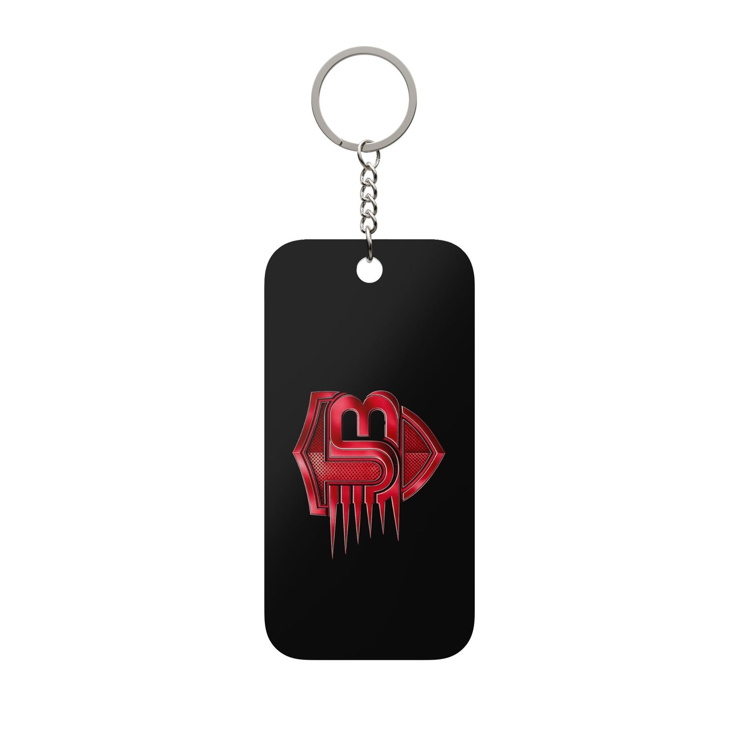 Metallic Red Logo Keychain — Double-Sided Black Keyring Charm