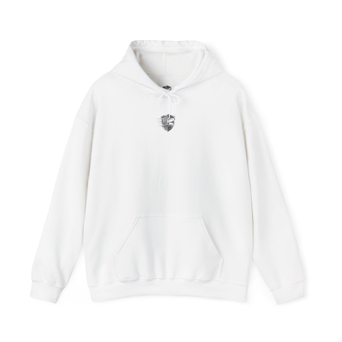 Minimal Silver Shield Hoodie — "Ultimate Body" Chest & Back Logo Hooded Sweatshirt