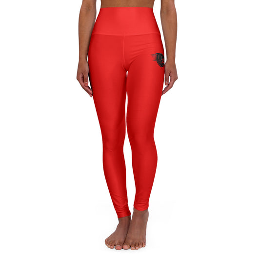 Red High-Waisted Yoga Leggings with Subtle Logo — Workout & Athleisure