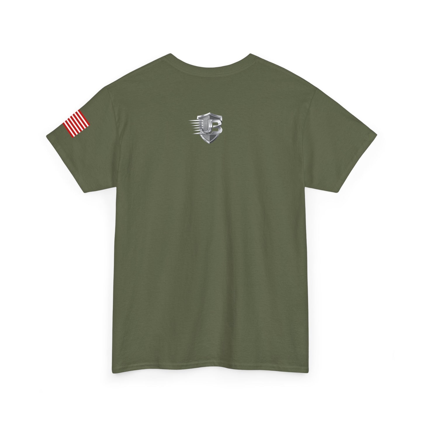 United States Military Emblem Tee — Olive Green Flag Sleeve Patriotic T‑Shirt