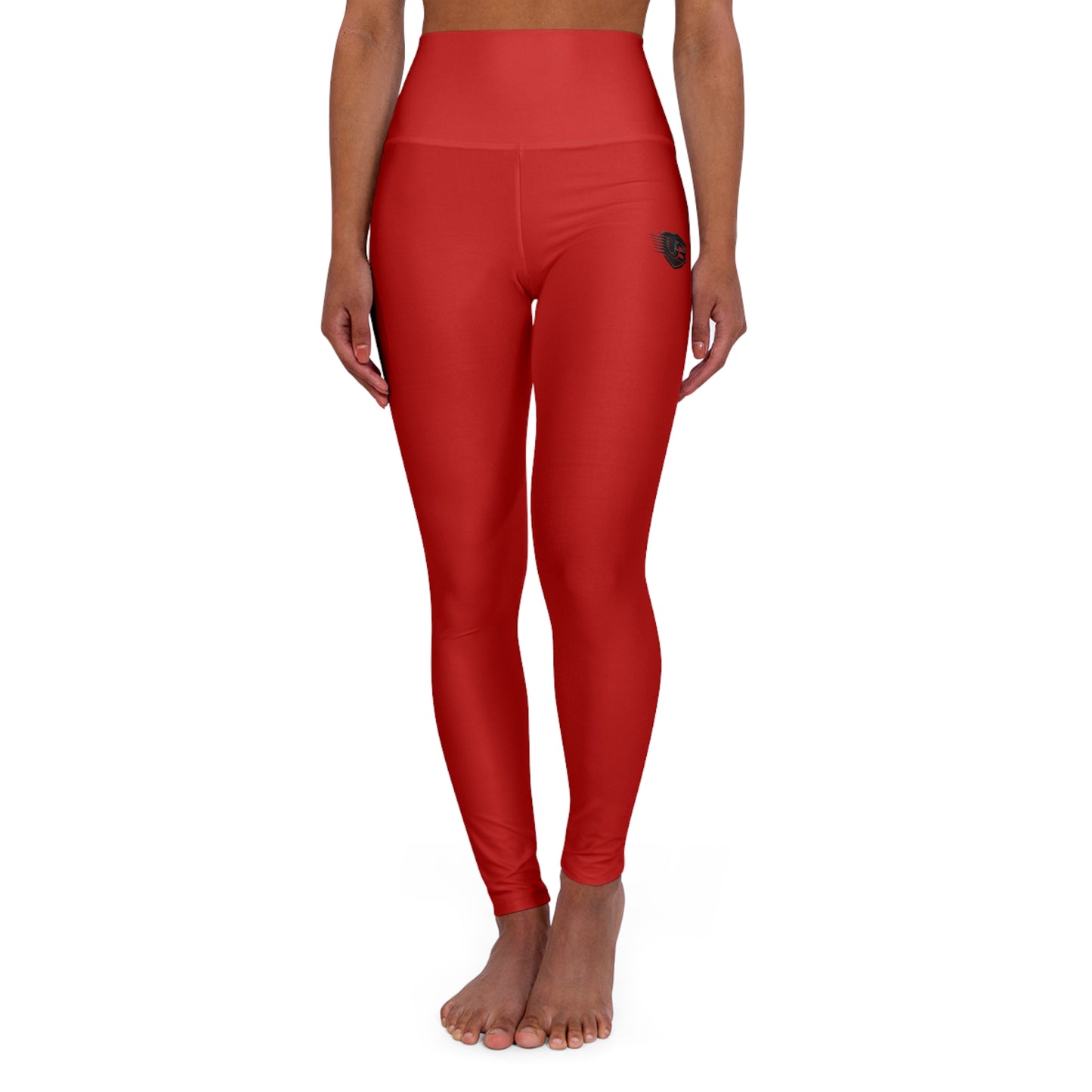 Red High-Waisted Yoga Leggings with Subtle Logo — Workout & Athleisure
